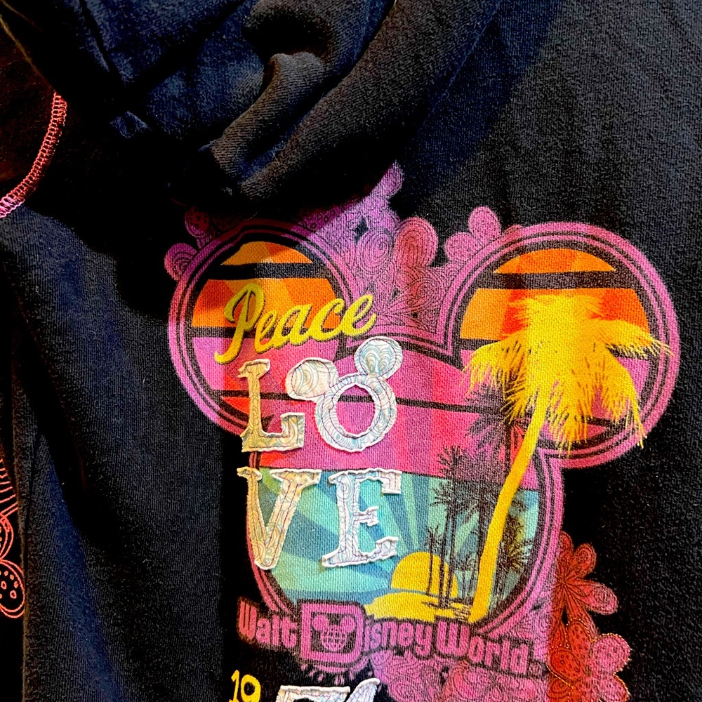 Disney Parks XS Full Zip Hoodie "Peace Love" Walt DisneyWorld Black Purple
